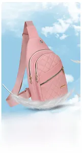 Close-up of pink quilted crossbody bag with metal zippers and lightweight design