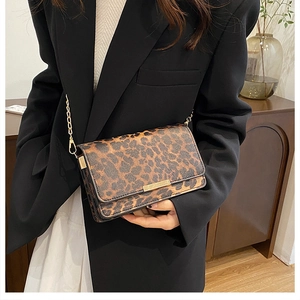 Close-up of leopard print crossbody bag with gold metallic chain and rectangle buckle detail
