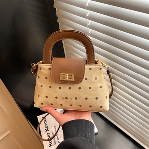 Polka Dot Crossbody Handbag Women PU Leather Retro Contrast Color Top Handle Shoulder Bag Twist Lock Niche Stylish