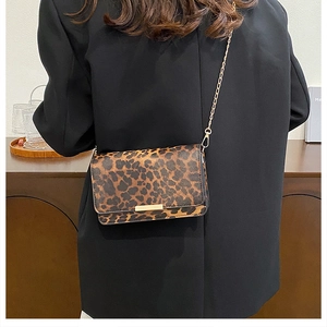 Detail showing leopard print texture and gold metal buckle on a square shoulder bag