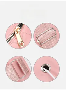 Detail of pink nylon bag with gold zippers, reinforced straps, and a handy earphone port