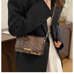 Detailed shot of leopard print crossbody bag with gold buckle and metal chain strap