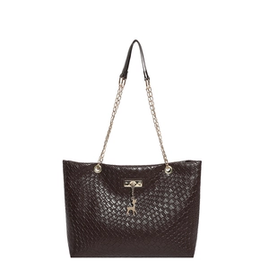 Minimalist dark brown woven tote bag with metallic deer pendant and chain strap