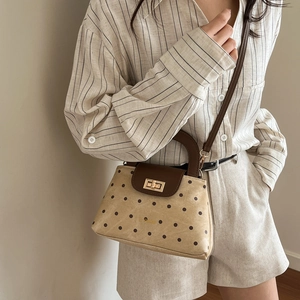 Retro polka dot crossbody handbag with brown leather accents and gold metallic clasp