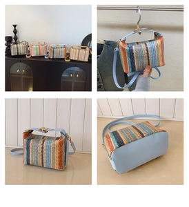 Détails d'un sac bandoulière en paille tissée avec rayures colorées et base en cuir