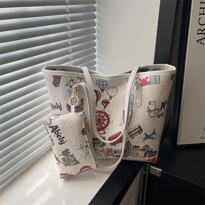 Fashion Printed Tote And Small Bag For Women PU Leather City Illustration Large Capacity Commute Shoulder Crossbody Bag