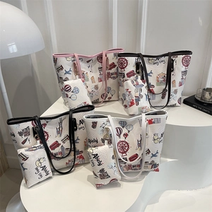 Fashion graffiti tote bag with Hong Kong city illustration and matching pouch set