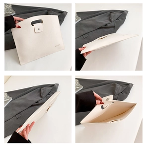 Detailed views of white lychee leather envelope handbag with ergonomic cutout handle