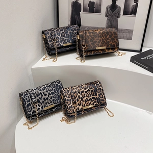 Chic leopard print crossbody bags with gold chain straps in four trendy colors