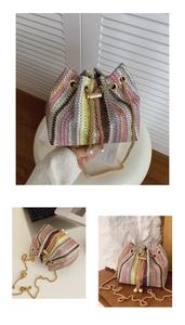 Detail of colorful woven bucket bag with gold drawstring and elegant pearl accents