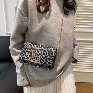 Fashionable leopard print crossbody bag with gold chain strap and metal trim details