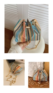 Detail of colorful woven bucket bag featuring drawstring closure and gold chain strap