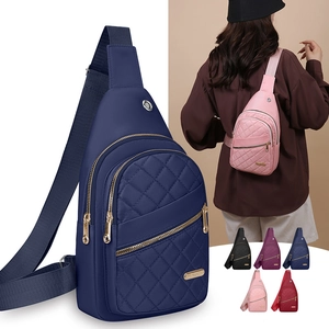 Navy blue quilted crossbody chest bag with adjustable strap and multiple zipper pockets
