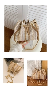 Detail of hand-woven rainbow bucket bag with pearl chain strap and drawstring closure
