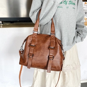 Brown retro PU leather tote bag with top handles and adjustable shoulder strap for women