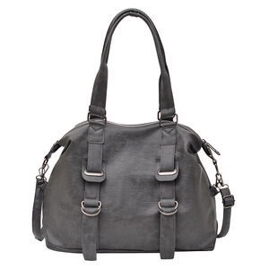 Chic dark gray soft PU leather tote bag with top handles and adjustable shoulder strap