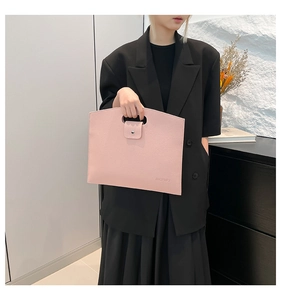 Pink lychee texture document bag with silver metal snap and JINGPINPJ embossed logo