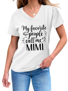 Detail of V-neck white T-shirt featuring My favorite people call me MIMI printed text