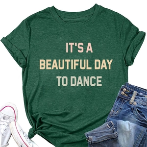Flat lay of green t-shirt with It's a Beautiful Day slogan print and casual outfit