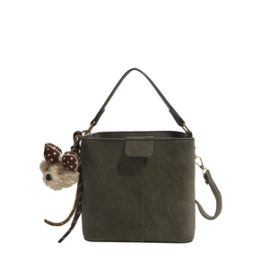 Vintage large capacity suede bucket bag in dark green with cute bear charm and shoulder strap