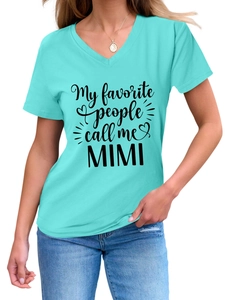 Detail of light blue V-neck T-shirt with My favorite people call me MIMI text print