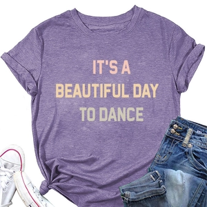 Detailed flat lay of purple cotton T-shirt with 'It's a beautiful day' text print