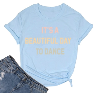 Flat lay of blue cotton T-shirt with pink graphic lettering and knotted hem design