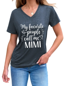 Detail of V-neck heather grey t-shirt featuring white Mimi slogan and heart graphic