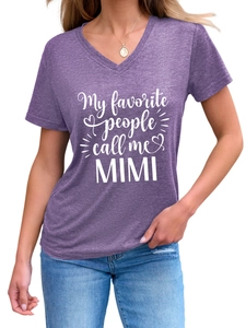 Detail of V-neck heather purple T-shirt with My favorite people call me MIMI print