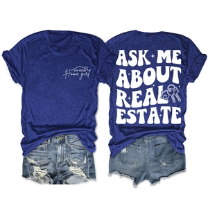 Vue à plat du t-shirt bleu marine Ask Me About Real Estate montrant l'avant et l'arrière