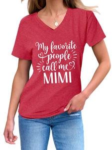 Close-up of red V-neck T-shirt featuring 'My Favorite People Call Me MIMI' graphic print
