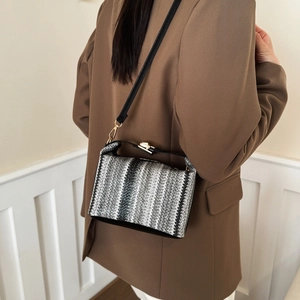 Ethnic knit crossbody box bag with wave patterns and gold metal lock for women