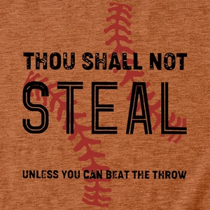 Close-up of the vintage baseball graphic and fabric texture on a brick red cotton t-shirt
