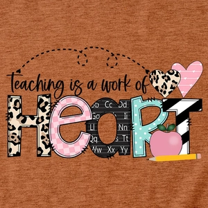 Detail of Teaching is a Work of Heart print with leopard and plaid patterns on t-shirt