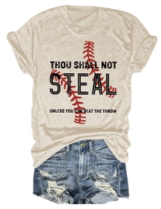 Flat lay of Thou Shall Not Steal baseball tee and distressed denim shorts set
