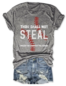 Detail of grey crewneck T-shirt with baseball graphic and blue distressed denim shorts