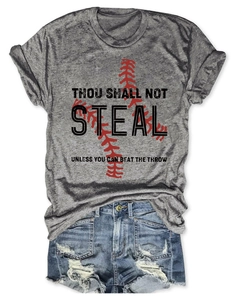 Detail of grey baseball T-shirt with Thou Shall Not Steal print and denim shorts