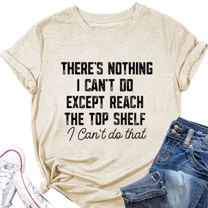 Detail of beige crew neck T-shirt with black graphic slogan text and side knot styling