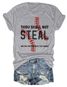 Detail of grey baseball t-shirt with Thou Shall Not Steal print and denim shorts