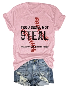 Pink crew neck t-shirt with baseball graphic and denim shorts in a flat lay style