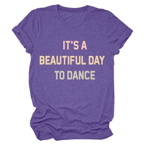 Detail of IT'S A BEAUTIFUL DAY TO DANCE text on purple heather short sleeve t-shirt