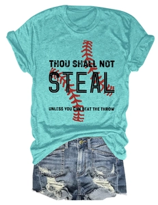 Detail of turquoise short sleeve t-shirt with baseball print and distressed denim shorts