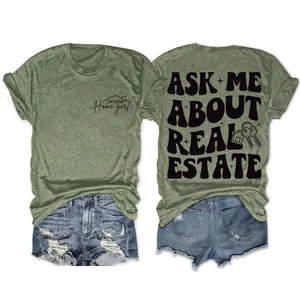 T-Shirt Femme Mélange De Coton Manches Courtes Col Rond Ask Me About Real Estate Imprimé Lettres Décontracté Rétro Hauts