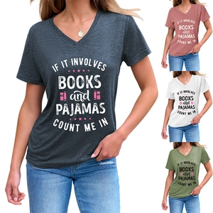 Detail view of V-neck T-shirt showing heather fabric and book-themed slogan print