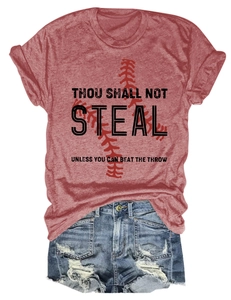 Detail of red baseball graphic and black slogan print on the cotton t-shirt fabric