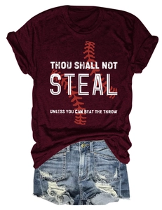 Detail of burgundy baseball t-shirt and denim shorts with sporty slogan print