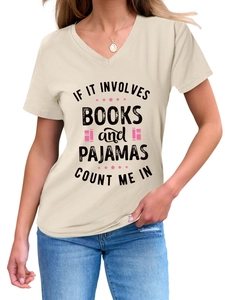 Detail of V-neck cotton T-shirt with book slogan paired with light blue jeans