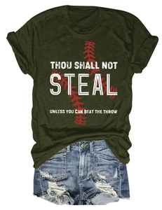 Detail of dark green t-shirt with Thou Shall Not Steal slogan and baseball graphic