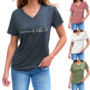 Detail of V-neck t-shirt with expensive and difficult print in multiple color options