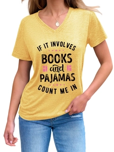 Detailed view of the yellow V-neck T-shirt with book slogan print and soft texture
